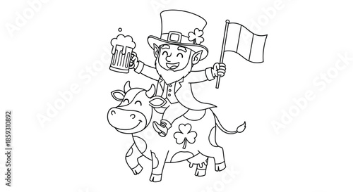 Jolly leprechaun character riding on a spotted cow while holding a beer mug and a flag, presented in line art.