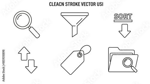 Clean stroke vector icons for sorting filtering searching tagging and file management with folders and magnifying glass elements