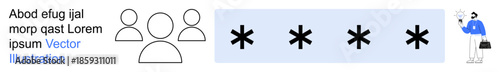 Identity protection, cybersecurity, secure login, user authentication, password security, online safety. ion of user icons, password placeholders and a person. Identity protection and cybersecurity