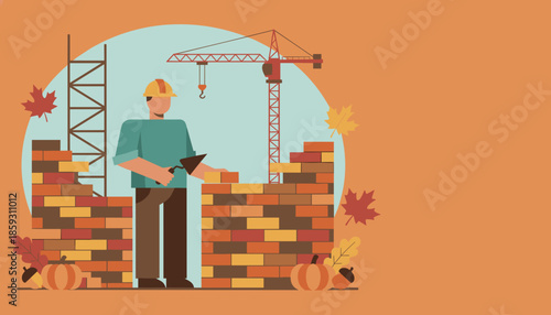 Construction worker building a brick wall during autumn Fall home building and real estate concept