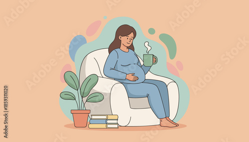 Pregnant woman sitting in an armchair drinking tea reading and feeling cozy anticipation