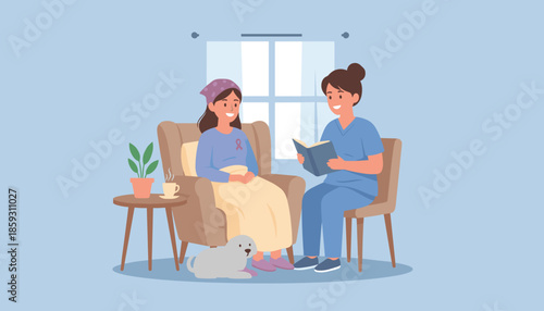 A caregiver reads to a cancer patient at home providing emotional support and comfort during recovery