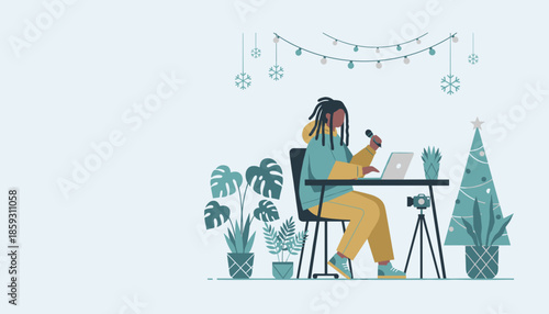 Cozy remote work setup Creator uses laptop and mic at decorated home studio during the holidays