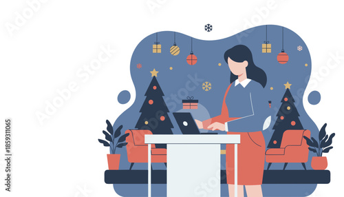 Professional woman working remotely on laptop during Christmas holidays