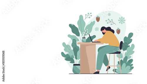 Remote work lifestyle Woman typing on laptop in cozy winter home office with holiday decor