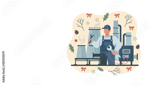 Industrial worker performing maintenance on a heating plant with festive winter decorations