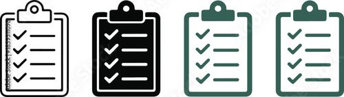 Clipboard list icons set showing completed tasks documentation and review options