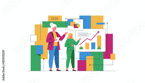 Business team analyzing financial growth data and future projections 2026