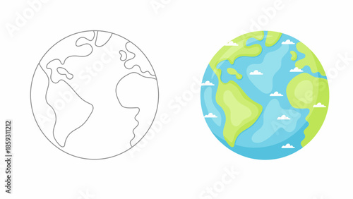 Two Earth globe illustrations featuring a simple black line art version and a colorful flat design with blue oceans and green land