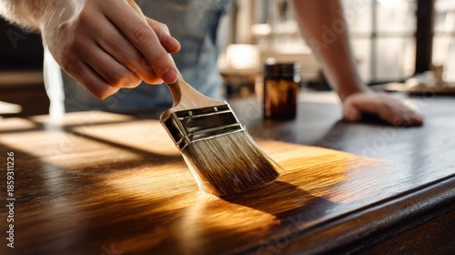 Medium shot of a person using a traditional brush to varnish wooden furniture showcasing careful precise strokes and texture enhancement under natural light.