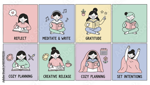 Daily routine of selfcare and mental wellness Woman journaling reflecting and setting intentions