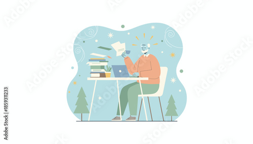 Experienced senior man working remotely on laptop managing documents Focus productivity and inspiration