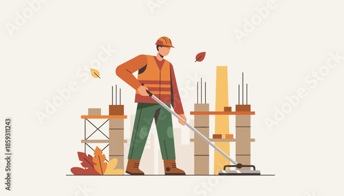 Builder in hard hat working at construction site foundation focusing on infrastructure