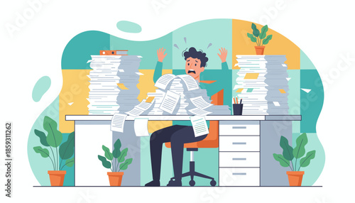 Panicked office worker buried in huge paper stacks highlighting workload stress and bureaucracy
