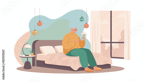 Senior woman relaxing in bed and texting on smartphone Digital elderly lifestyle