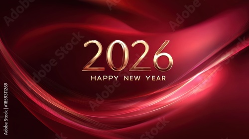 Wallpaper Mural Happy New Year 2026 golden text on abstract red background with flowing lines Torontodigital.ca