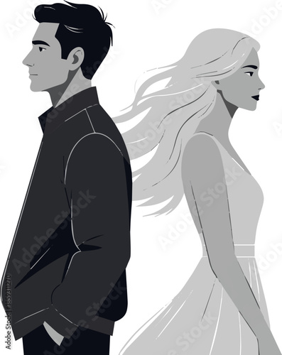 Create a realistic Man and woman standing opposite from each other and looking away watch vector art with white background