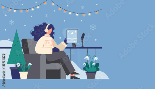 Relaxing winter hobby Woman with headphones and mic creates content outdoors