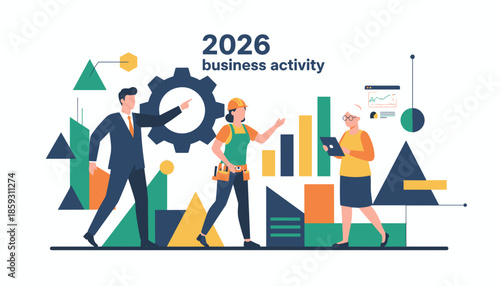 Diverse team plans 2026 business activity reviewing data charts and strategy execution