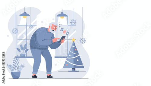 Senior man struggles using smartphone apps near a Christmas tree technology anxiety concept