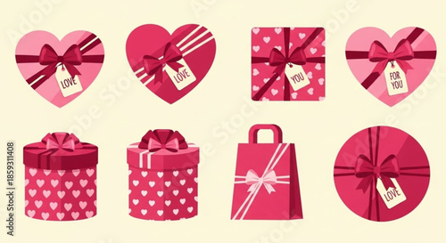 Valentine's Day gift box and chocolate vector illustration with heart shapes ribbons and love elements. Romantic hand drawn design for greeting cards packaging stickers and holiday decoration.