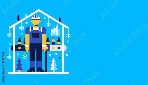 Worker supervising industrial bottling on a snowy winter production line Flat design illustration