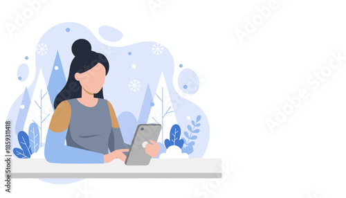 Woman using a tablet device in a stylized winter setting Digital connection and technology concept