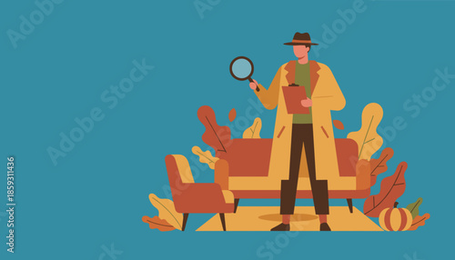 Investigator searching for answers holding a magnifying glass and clipboard Problemsolving concept