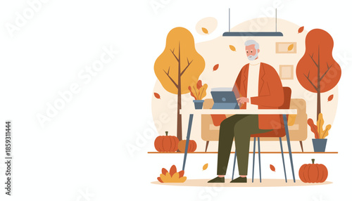Older man using a tablet at a desk enjoying remote work during the cozy autumn season