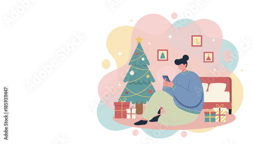 Person scrolls smartphone beside a decorated Christmas tree and gifts in a cozy room Holiday vector