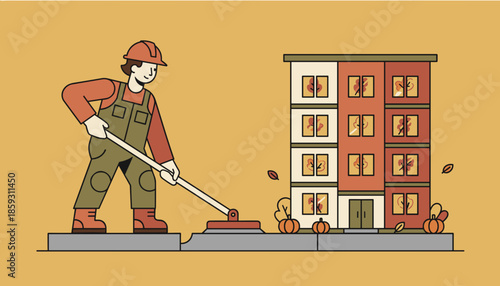 Worker cleaning sidewalk pavement outside an apartment building during the autumn season