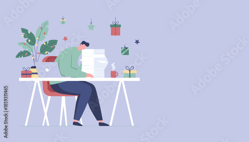 Busy man working on a laptop at a holidaydecorated desk Corporate deadlines during Christmas season