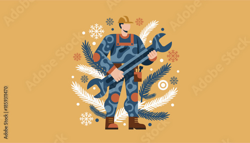 Graphic worker holding a giant wrench surrounded by festive winter holiday decor and snowflakes