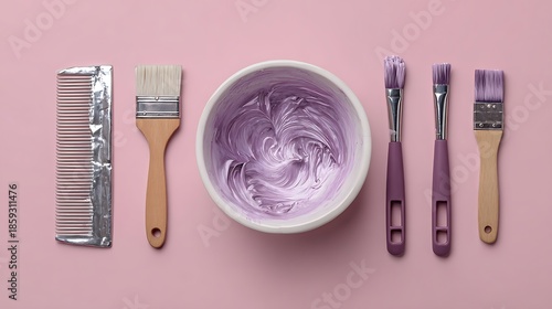 Overhead shot of hair dyeing supplies arranged symmetrically on a pink background