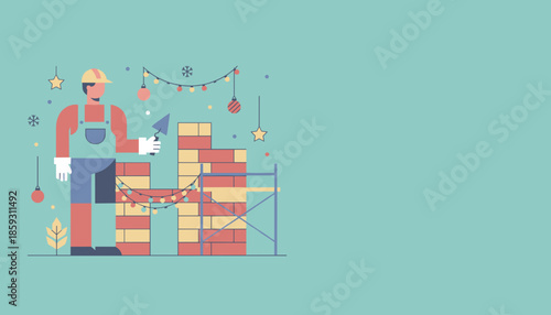 Builder works on a brick wall decorated with holiday lights construction during the winter season