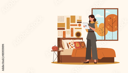 Woman using tablet in a cozy autumn bedroom with fall decorations and warm colors