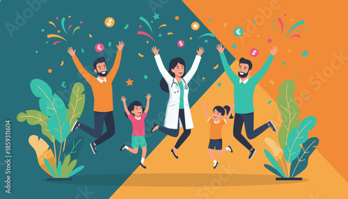 Happy doctor parents and children jump celebrating success health and financial freedom