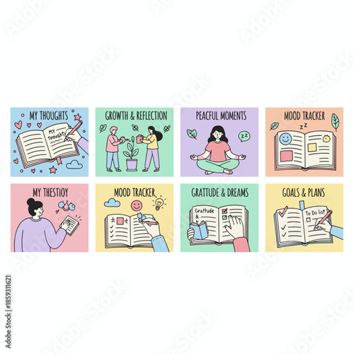 Selfcare and mental health illustration set journaling mood tracking meditation growth and planning concepts