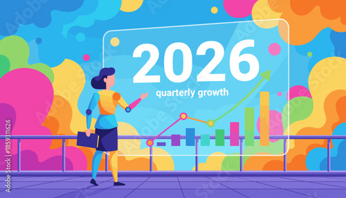 Businesswoman analyzes 2026 quarterly growth chart symbolizing financial success and future projection