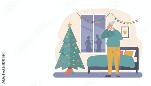 Happy senior woman talking on phone in a festive room with a Christmas tree connecting with family during holidays