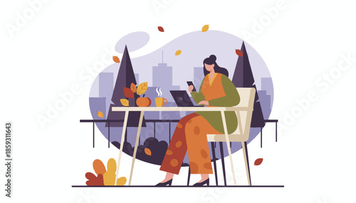 Woman works remotely on a city terrace during autumn using laptop and phone