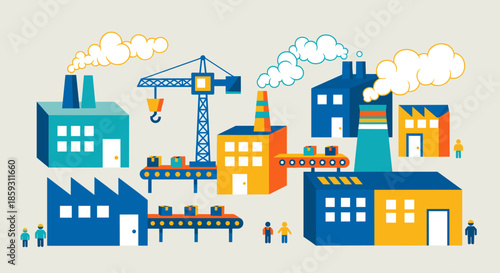 Stylized industrial complex factories conveyor belts crane and production lines Business concept