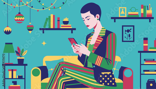 Stylish woman using a smartphone in a colorful festive living room Vector illustration of holiday connection