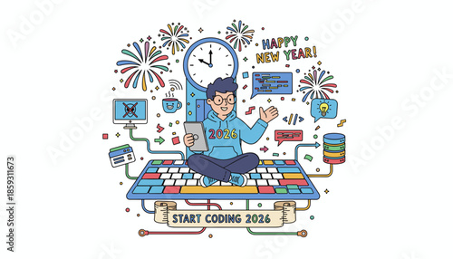 A happy programmer sits on a giant keyboard celebrating New Year 2026 and new coding resolutions