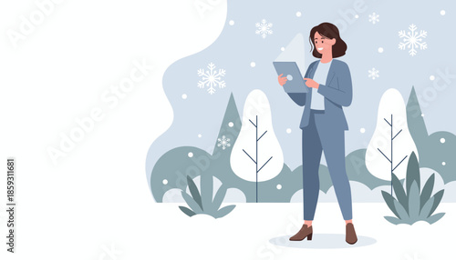 Businesswoman using a tablet in a stylish winter forest illustration Technology and holiday work concept