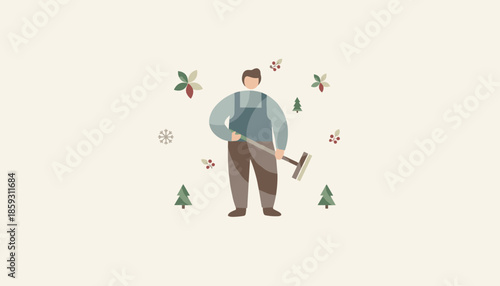 Man in overalls working among winter elements pine trees holly and snowflakes Holiday chore concept