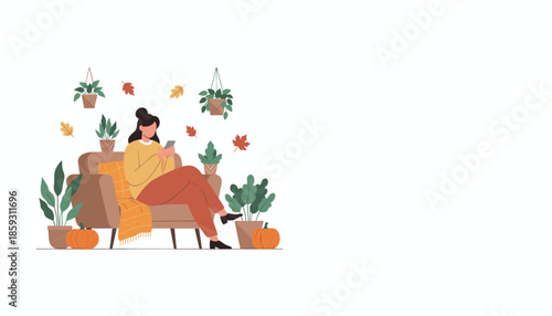 Cozy woman relaxing on an armchair using her phone amidst fall decor and houseplants