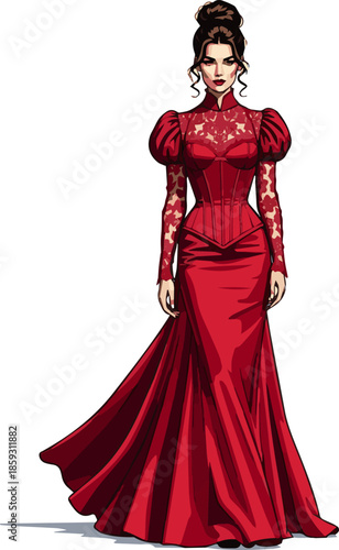 Create a realistic woman in a red vintage dress standing vector art with white background.