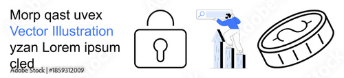 Cybersecurity, data protection, online search optimization, financial growth, cryptocurrency, technology trends. A lock, person analyzing graphs and a coin. Cybersecurity and data protection concept