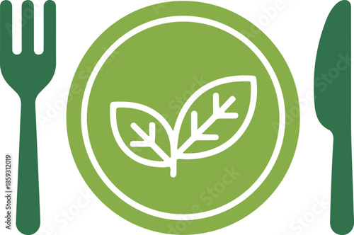 Outline style icon of plate fork and knife with leaves for vegetarian